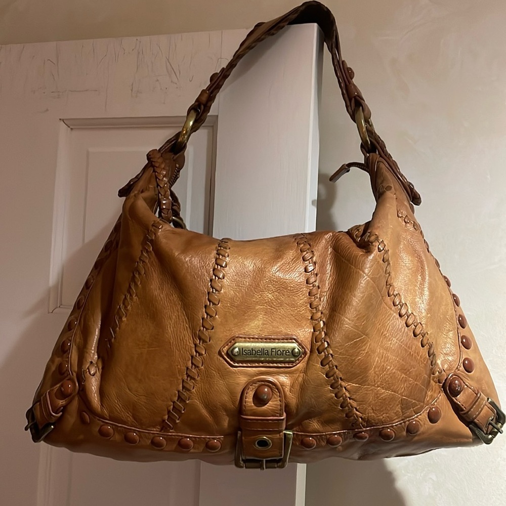 Isabella FIORE soft caramel color hobo style bag  approx 16” w X 10” h  5.5” D